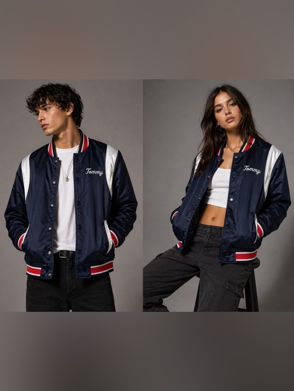 Tommy Hilfiger Black Varsity Jacket with White and Red Accents